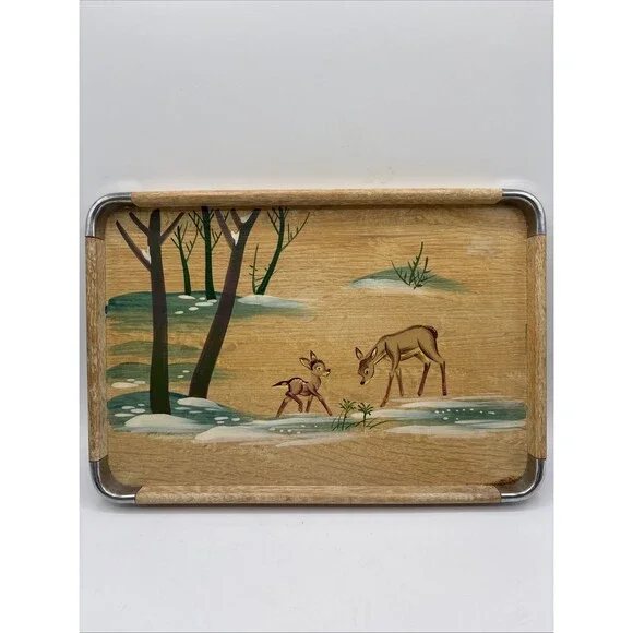 Vintage Small Wood & Metal Rectangle Serving Tray w/ Handles Deer Fawn Scene