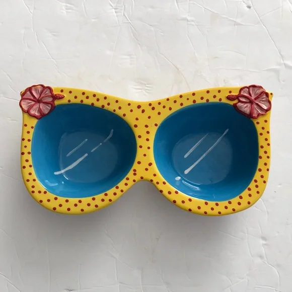 Pier 1 Serving Bowl Sunglass 2 Section Tray Yellow Blue Red Like new!