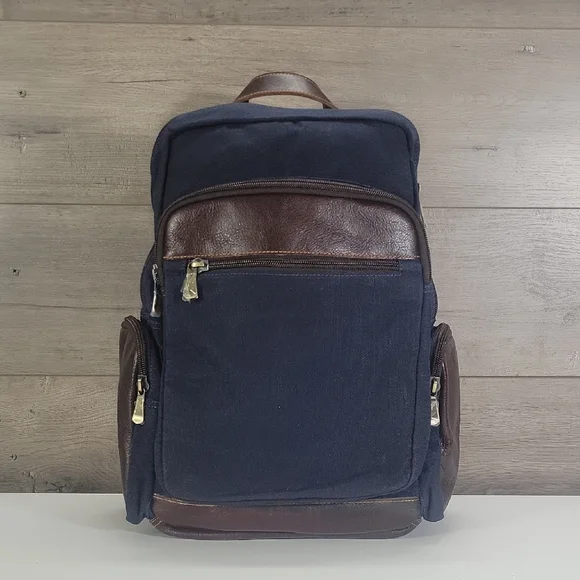 Men's Links & Kings Navy and Brown Canvas Leather Backpack New
