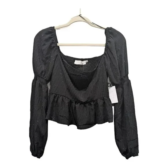 New ASTR The Label Chiffon Shimmer Square Neck Puff Marie Sleeve Crop Top, S
