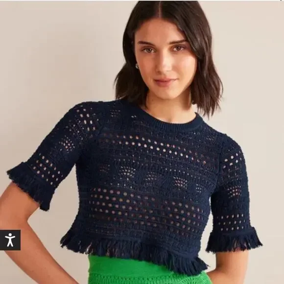 Boden Navy Blue Cropped Fringed Crochet Shirt Size Extra Small New