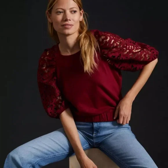 Anthropologie Dolan puffed lace sleeve wine Red Top women’s size small
