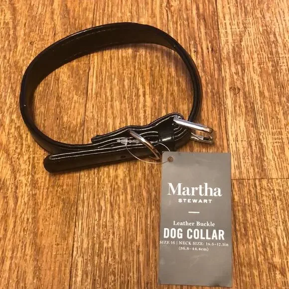 Martha Stewart Black and Silver Leather Buckle Dog Collar Size 16