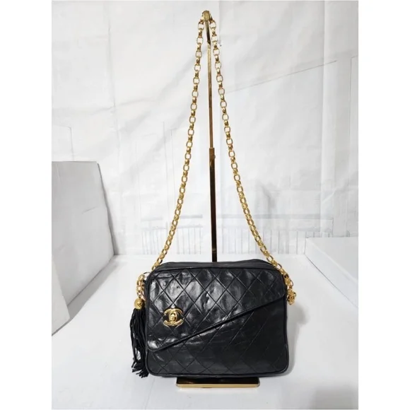 Authentic CHANEL Vintage Lambskin Quilted Flap Tassel Shoulder Bag Black