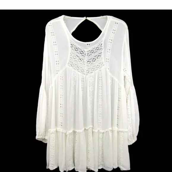 Free People White Crotchet Lace top Open Back Bohemian Swing size XS