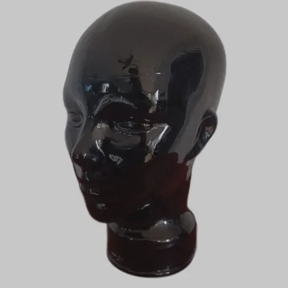 Vtg. Pier 1 Black Glass Mannequin Head Wig Hat Display Made in Spain Art