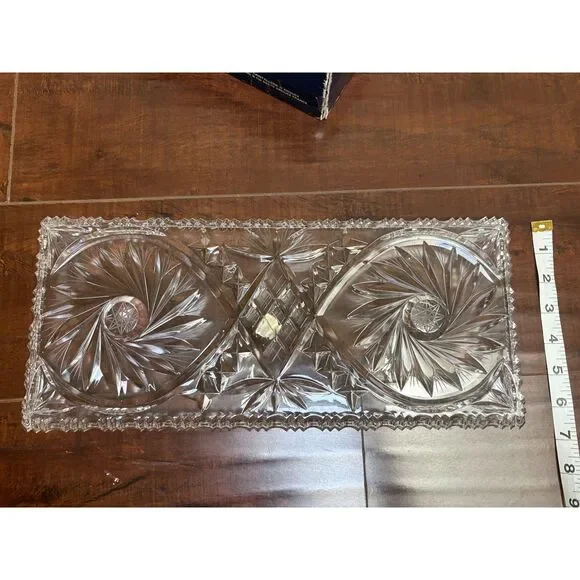 Vintage Slovakia Crystal Serving Plate Poltar Pinwheel Rectangular Platter 15.5