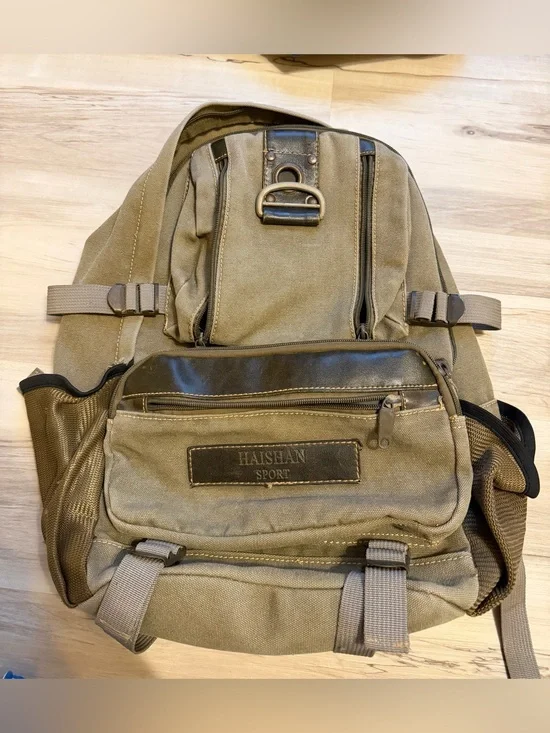 HAISHAN Sport Canvas & Leather Backpack in Olive with Dark Brown Accents