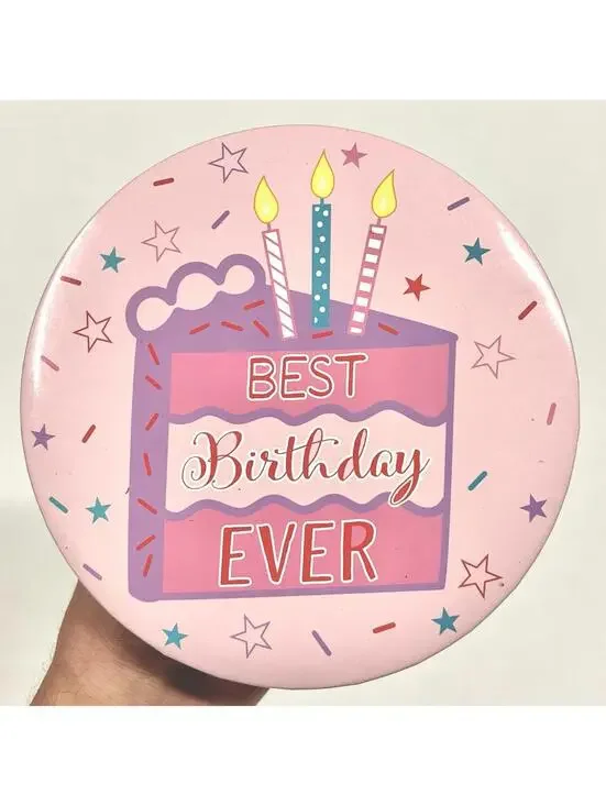 BEST BIRTHDAY EVER Large Button 5.5” Pink Cake Graphic With Candles
