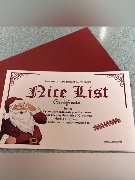 Santa Claus Nice List Certificate Christmas Award cards