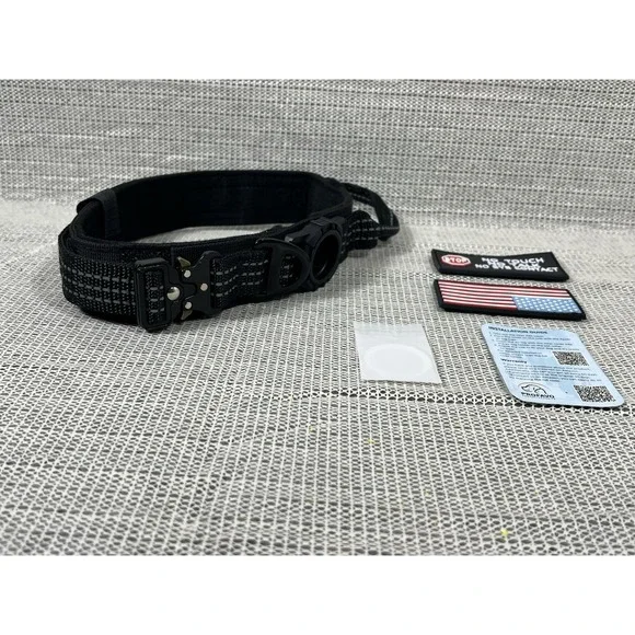 Profavo XL Tactical AirTag Dog Collar Black 2 Hook/Loop Rubber Patches