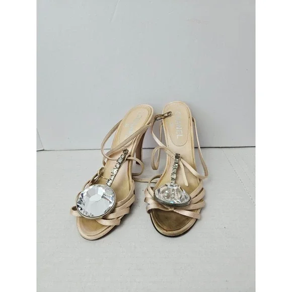 Chanel strappy heels jumbo crystal satin sz‎ 38 Womens