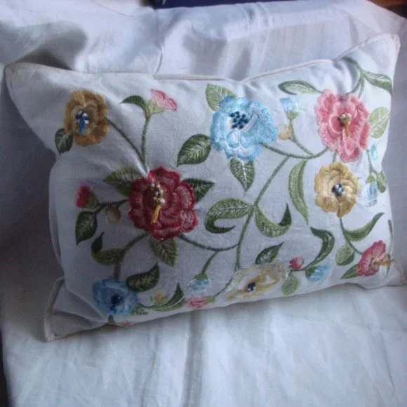 PIER ONE White Floral Leaf Embroidery Lumbar Throw Pillow