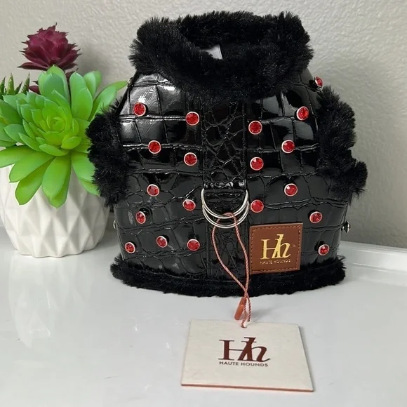 Haute Hounds Luxury Dog Harness Small Red Rhinestone Croc Faux Patent Leather