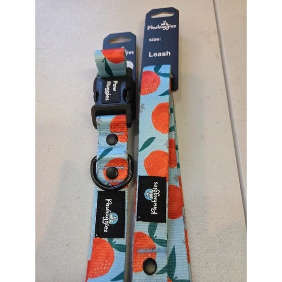 Paw Huggies Dog Collar & Leash Set Orange Fruit Print‎ Adjustable Blue NWT