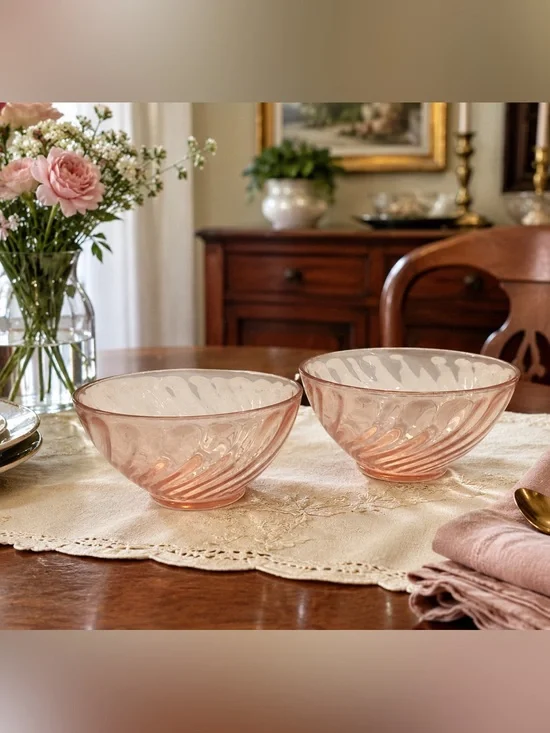 Vintage Arcoroc Rosaline Pink Swirl Glass Bowls Set of 2 France