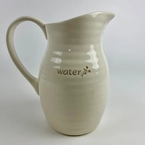 Pottery Barn Garden Salad Water Pitcher Cream Stoneware Ribbed Farmhouse 8.75in