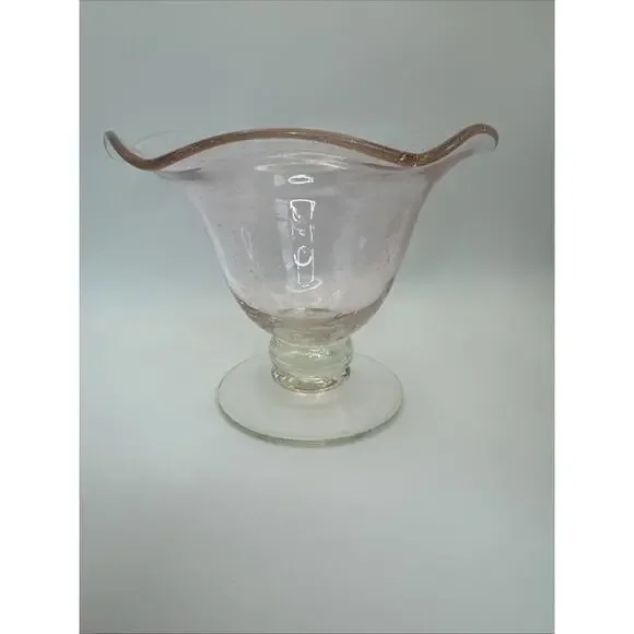 Vintage Pink Hued hand‎ blown glass art bubble glass footed compote dish 2 avail