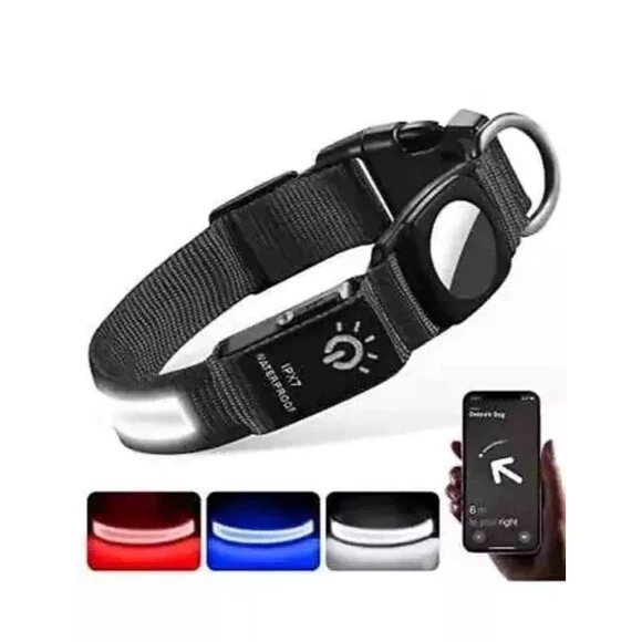 Air Tag Dog Collar Blue with Airtag Holder[Ipx7 Waterproof] Light up Medium LED