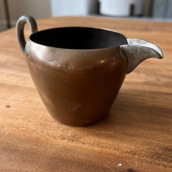 Vintage Copper Creamer Pitcher Small Metal Spout Handle Hole Large Gash in Pics