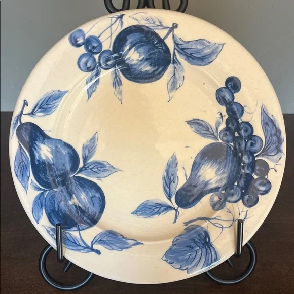 Pier 1 Earthenware Dinner Plate Blue Fruit White Background