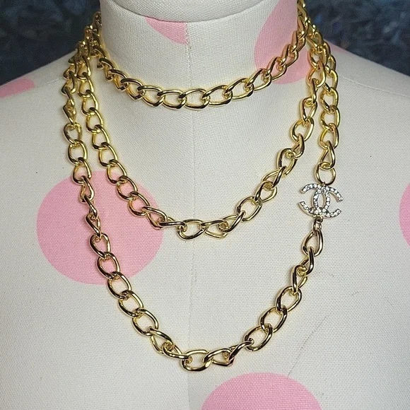 Chanel Vintage Gold Chain Extra Long Rhinestone CC Layering Necklace 03S