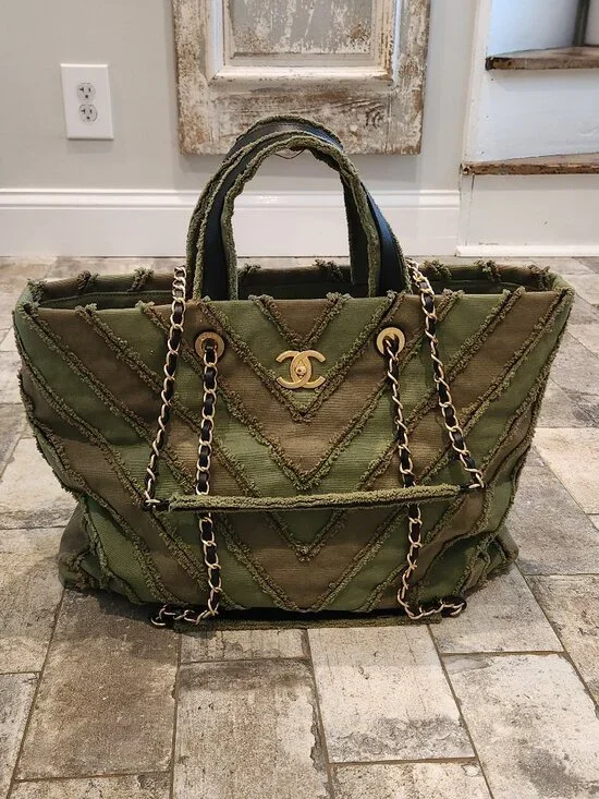 Chanel Canvas Chevron Cuba Patchwork Shopper Tote Khaki