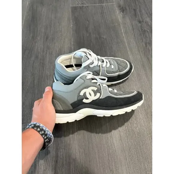 Chanel 2023 Fabric and Suede Calfskin Quilted Gray Trainer Sneakers Size 38(8)