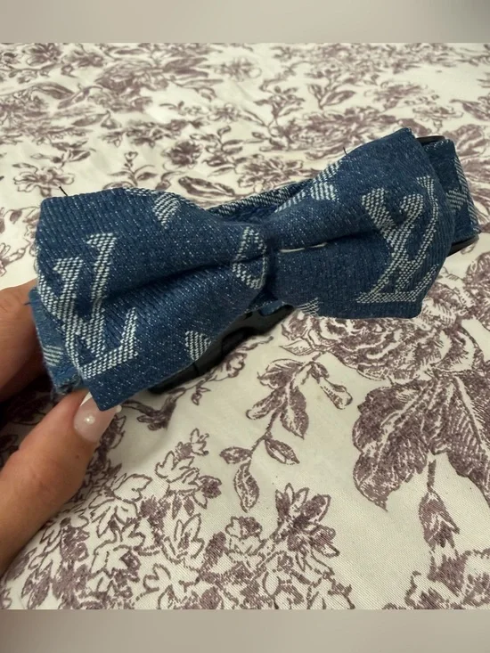 Denim Monogram Bow Dog Collar size L