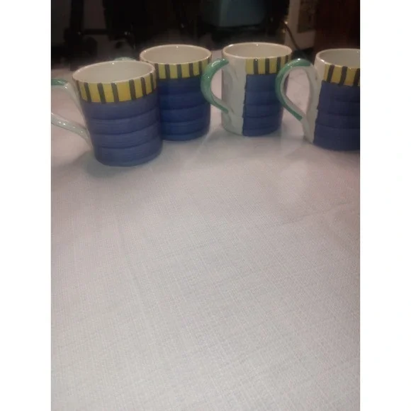 Pier One Italy Hand Painted Coffee Mugs Set of 4 Blue Stripe