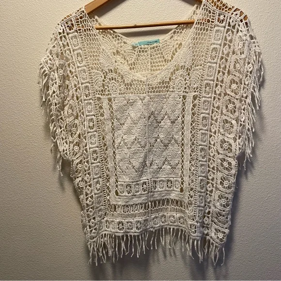 Mauricies Womens Sheer Crochet Lace Blouse Fridge White Floral Top Size S