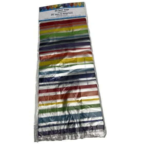 Multi Color Striped CELLO PARTY LOOT BAGS 25 Count TREAT BAGS with Ties NEW