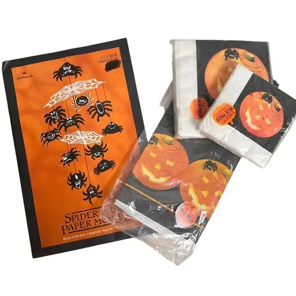 Vintage 4 Pc. Halloween Party Supplies Napkins Tablecloth Centerpiece Pumpkin