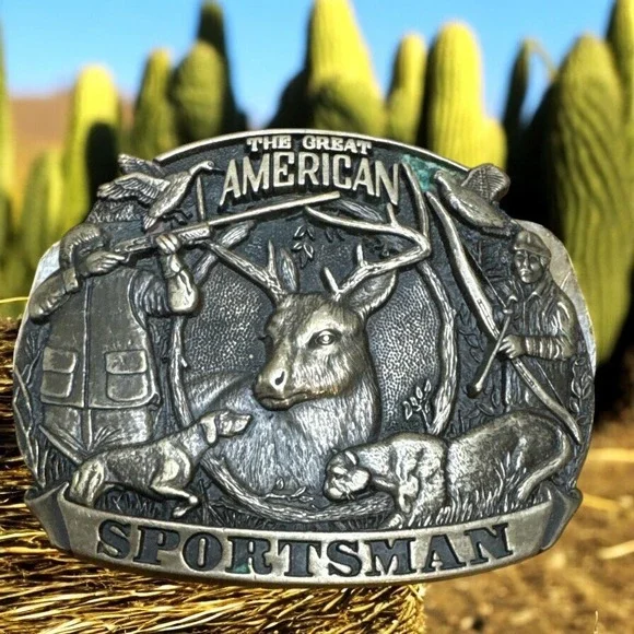American Sportsman🔥Bow Hunting Bird Dog 1980 Solid Brass Vintage Western Buckle