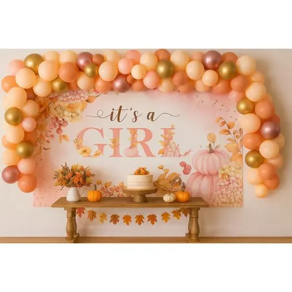 It’s a Girl Baby Shower Backdrop 7x5ft Fall Pumpkin Floral Polyester Decor