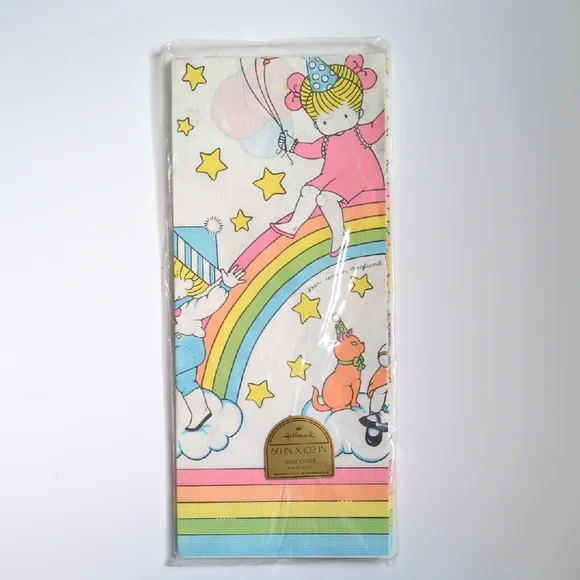 Vintage 80s Hallmark Rainbow Cat Birthday Party‎ Tablecloth Joan Walsh Angulnd