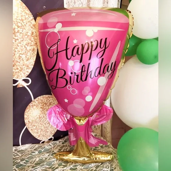 EXTRA LARGE Mylar Pink Happy Birthday Wine/Champagne Glass Balloon