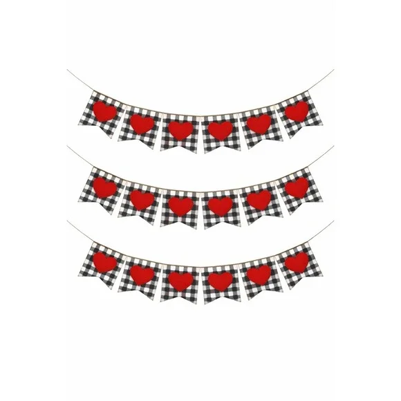 Valentine's Day Banner Red Felt Heart Garland White Black Buffalo Plaid Set of 3