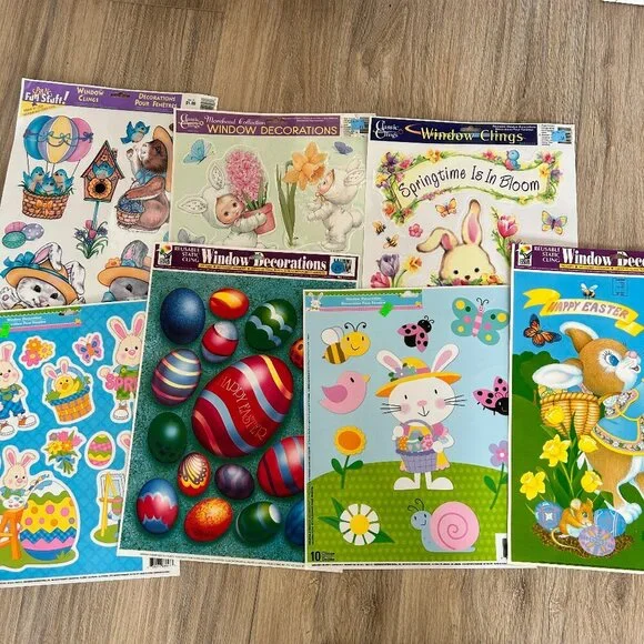 Vintage Easter Window Clings Lot of 7 Sheets Spring Vinyl Sticker