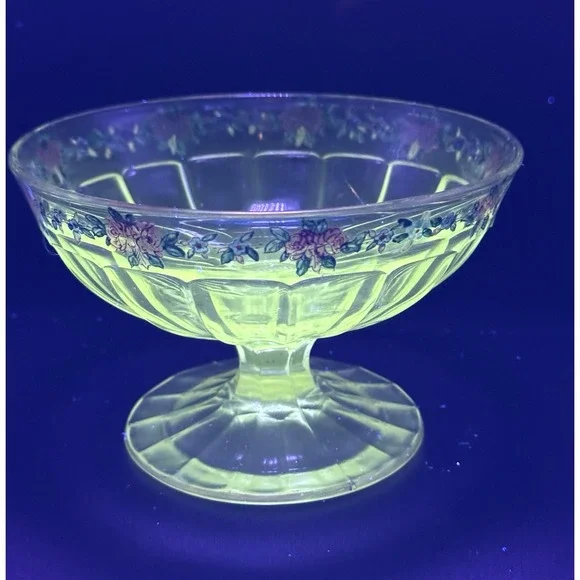 Vintage Glass Compote Pedestal Bowl UV REACTIVE‎ Maganese Hand-Painted Floral