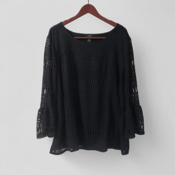 Alfani 3X Black Crochet Open Knit Top Bell Sleeve Blouse Witchy Whimsigoth
