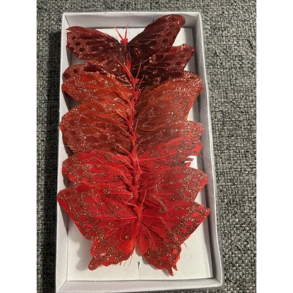 Butterflies Dark Burgundy Red Wired‎ Painted Feather Glitter 5
