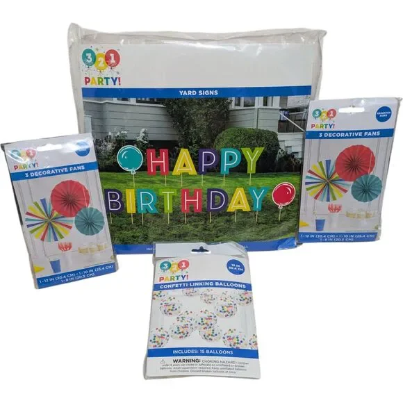 Birthday Party Decorations Bundle Yard Sign Balloons Decorative Fans Colorful
