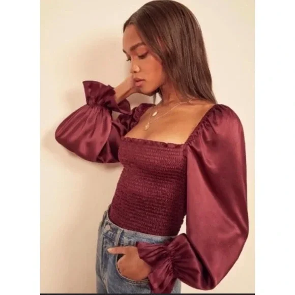 Reformation Burgundy 100% Silk Smocked Long Sleeve Square Neck Chamomile Top S