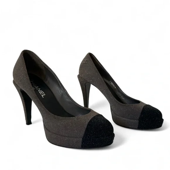Chanel Charcoal Gray Sparkle Textured Black Cap Toe Platform Pump Heels size 39