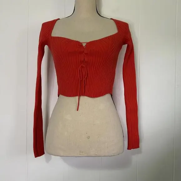 Urban Outfitters Red Ribbed Lace Up Fitted Long Sleeve Crop Top Women's Medium