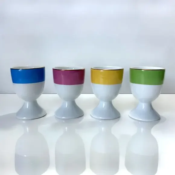 Pottery Barn Egg Cup Set 4 Gold Trim Color Block Porcelain