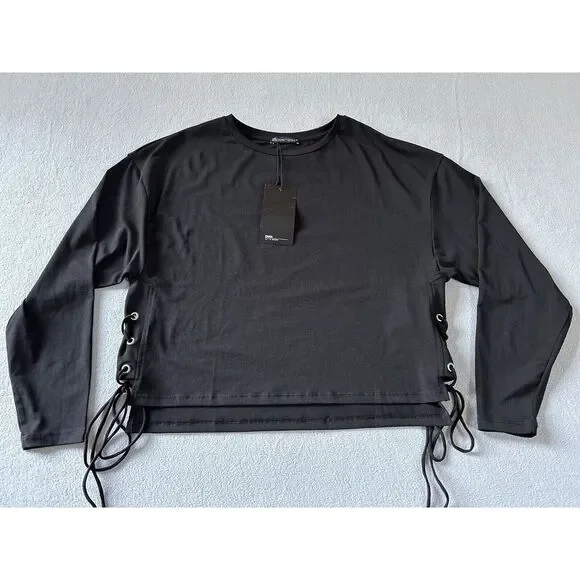 Zara Top Womens Size Small Black Lace up‎ Sides Dark Academia Casual Whimsy Goth