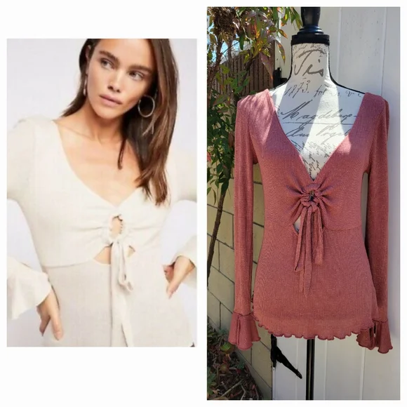 Free People Intimately Cut Out‎ Tied Flutter Long Sleeve Top Shimmer Size M