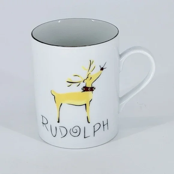Pottery Barn Rudolph Reindeer Mug White Gold Rim Made in Japan